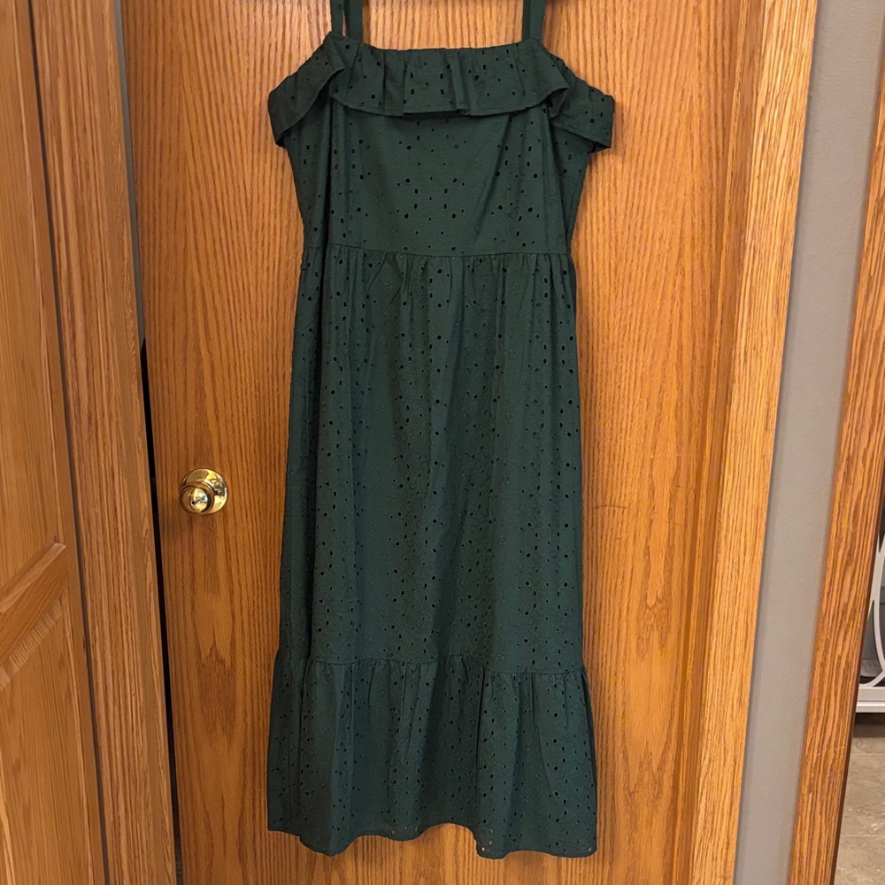 LOFT Dark Green Eyelet Midi Dress